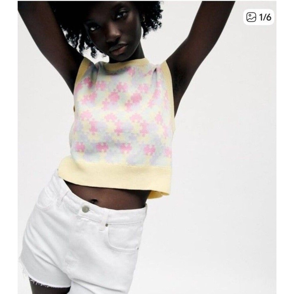 Zara Pastel Knit Sweater Vest Women Size L Sleeveless Cropped Argyle NWT
